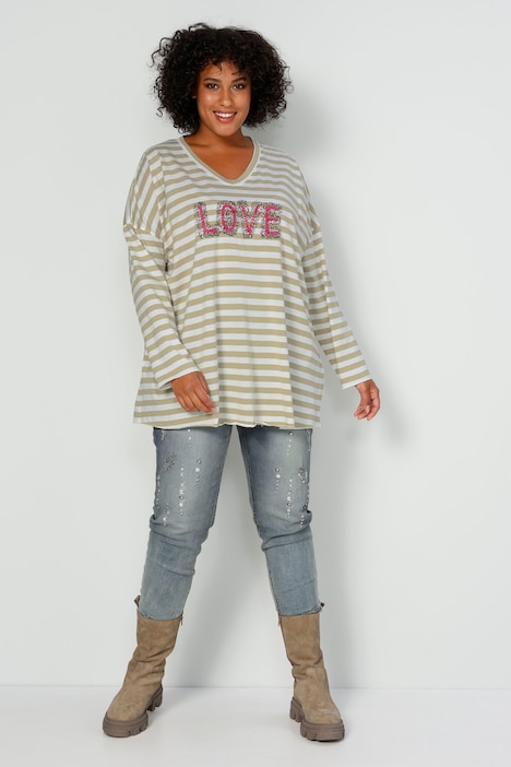 T-Shirt, oversized, Ringel, LOVE, Rundhals, Langarm