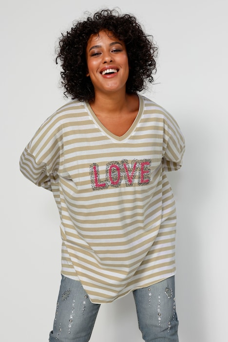 T-Shirt, oversized, Ringel, LOVE, Rundhals, Langarm