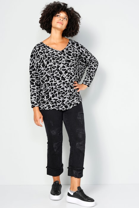T-shirt, oversized, dierenprint, V-hals, lange mouw