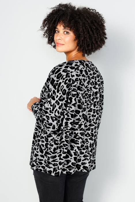 T-Shirt, oversized, Animal-Print, V-Ausschnitt, 3/4-Ärmel