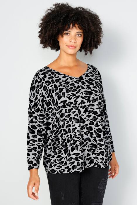 T-Shirt, oversized, Animal-Print, V-Ausschnitt, 3/4-Ärmel