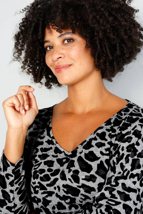 T-Shirt, oversized, Animal-Print, V-Ausschnitt, 3/4-Ärmel