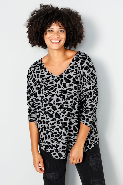 T-shirt, oversized, dierenprint, V-hals, lange mouw