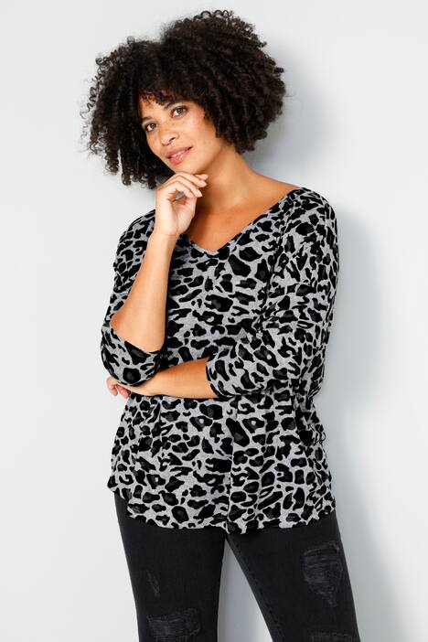 T-Shirt, oversized, Animal-Print, V-Ausschnitt, 3/4-Ärmel