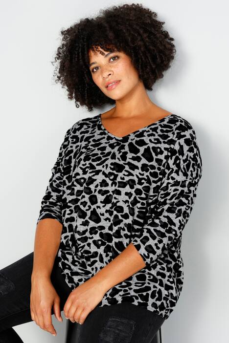 T-Shirt, oversized, Animal-Print, V-Ausschnitt, 3/4-Ärmel