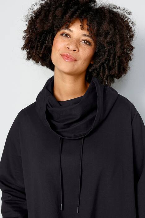 Long-Sweater, oversized, weiter Stehkragen, Rücken-Schrift