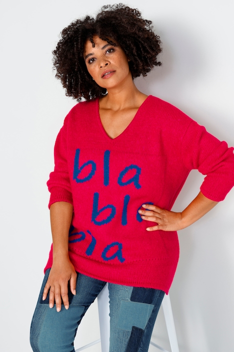 Pullover, oversized, Schriftzug, V-Ausschnitt, Langarm