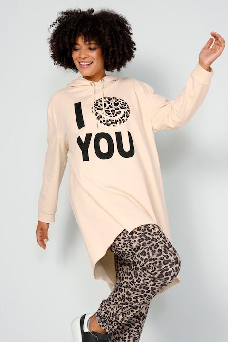 Long-Hoody, oversized, I Love You, Kapuze, Langarm, gerundeter Saum