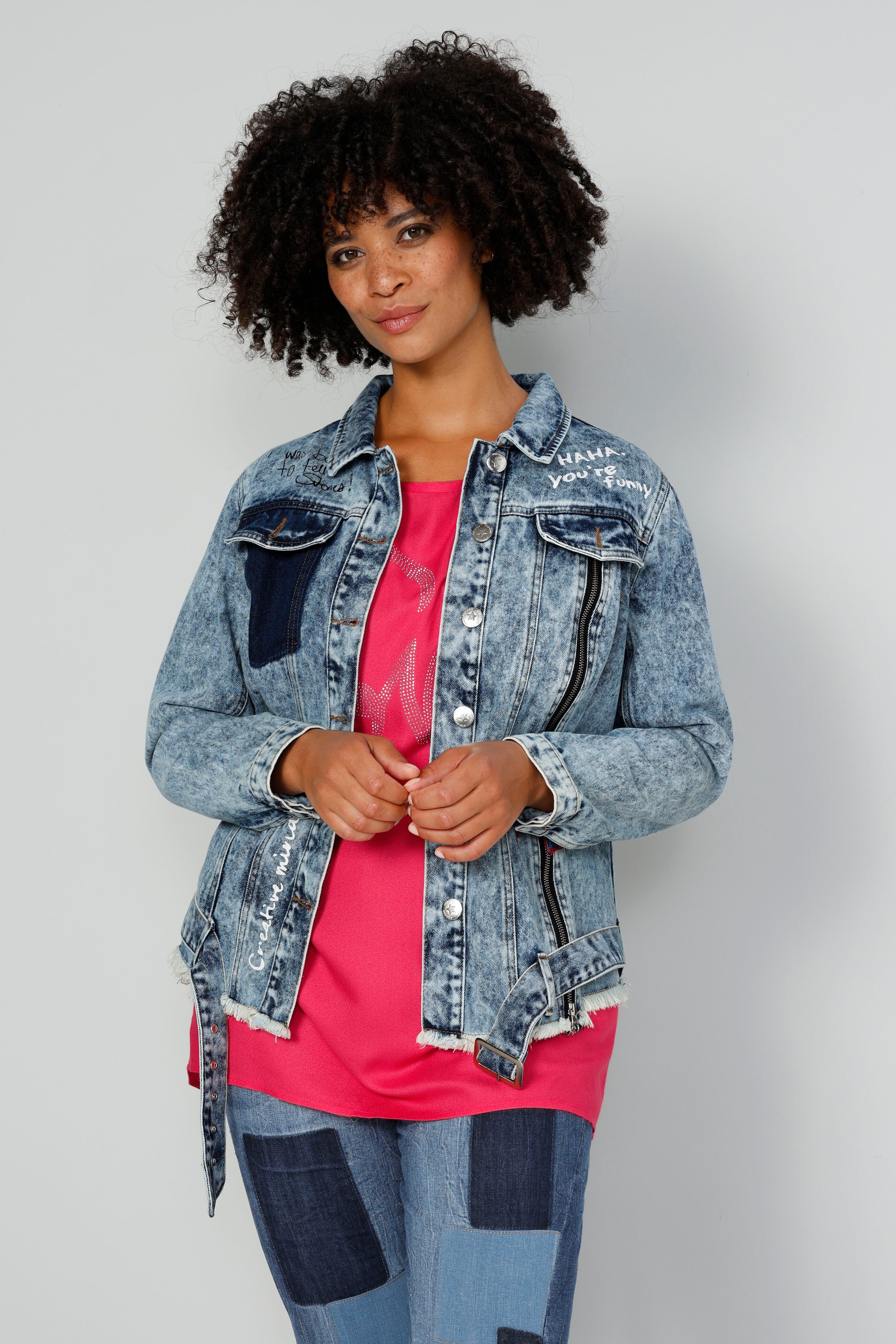 Angel of Style Damen große Größen Jeansjacke Used Look Rücken Print Zierzipper