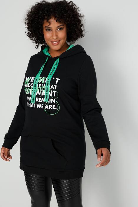 Long-Hoodie, Schrift-Druck, Kapuze mit Colorfutter, Langarm