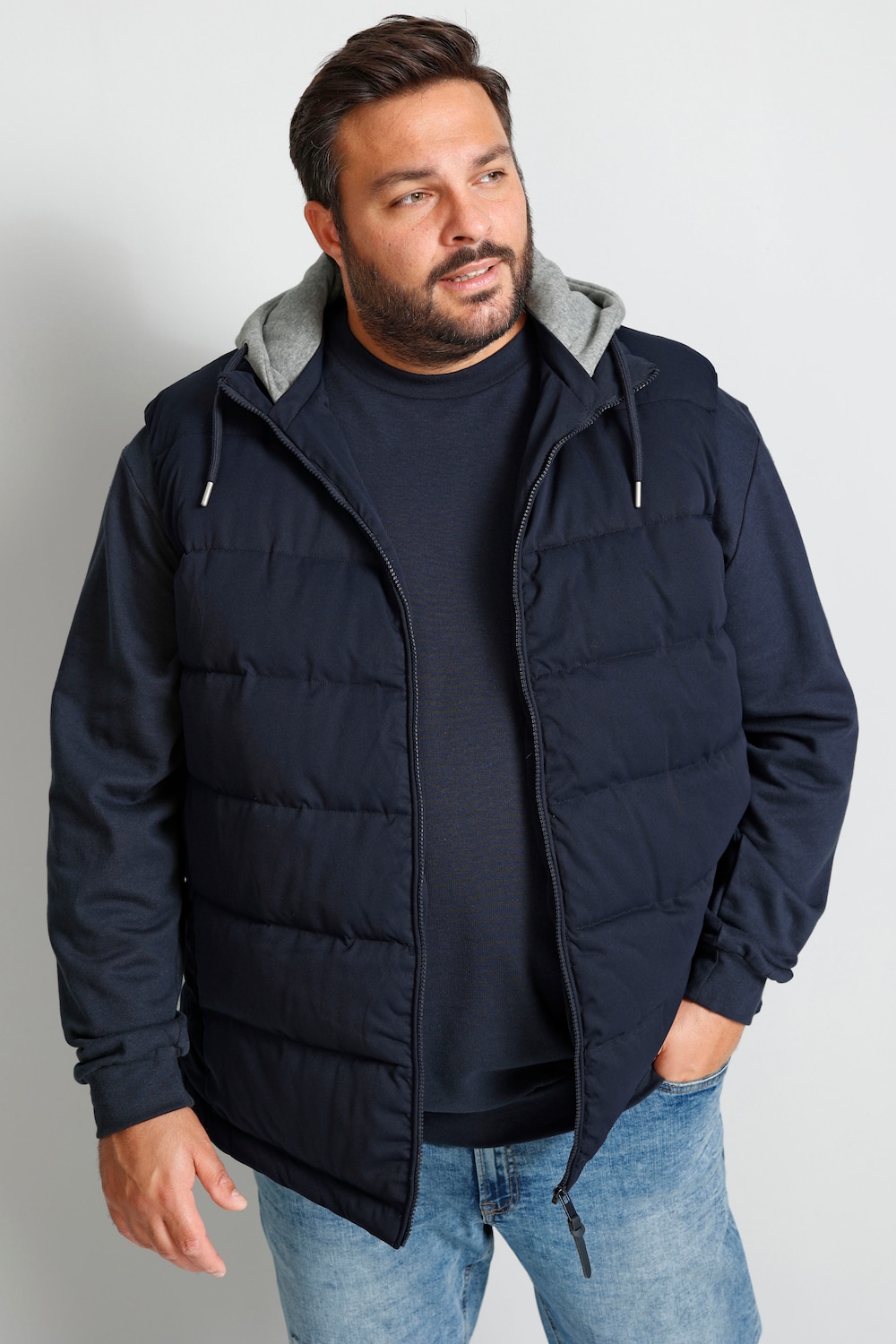 Boston Park doorgestikte bodywarmer, buik-fit, sweat-capuchon, tot 82
