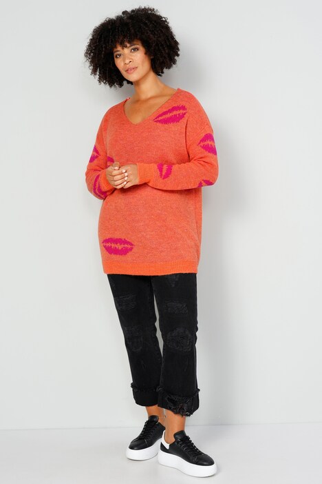Pullover, oversized, Kussmund, V-Ausschnitt, Langarm