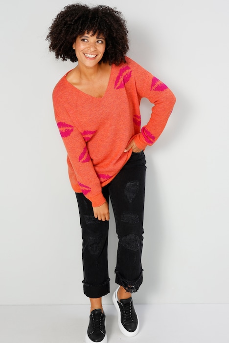 Pullover, oversized, Kussmund, V-Ausschnitt, Langarm