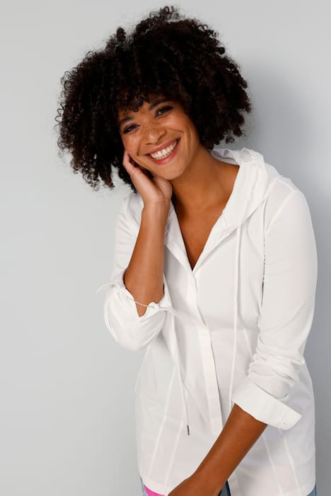 Bluse, Regular Fit, Materialmix, Kapuze, verdeckte Knopfleiste, Langarm