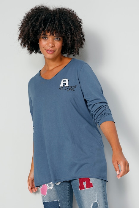 T-shirt, A-lijn, applicatie, V-hals, lange mouwen