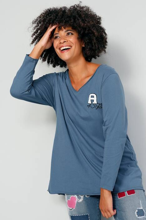 T-Shirt, A-Line, Applikation, V-Ausschnitt, Langarm