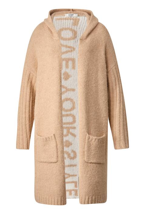 Long-Strickjacke, oversized, Kapuze, offene Form, Rücken-Schriftzug