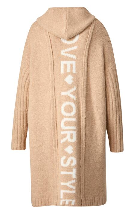 Long-Strickjacke, oversized, Kapuze, offene Form, Rücken-Schriftzug