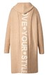 Long-Strickjacke, oversized, Kapuze, offene Form, Rücken-Schriftzug
