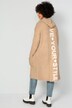 Long-Strickjacke, oversized, Kapuze, offene Form, Rücken-Schriftzug