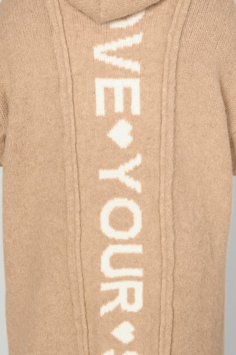 Long-Strickjacke, oversized, Kapuze, offene Form, Rücken-Schriftzug