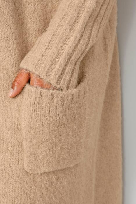 Long-Strickjacke, oversized, Kapuze, offene Form, Rücken-Schriftzug