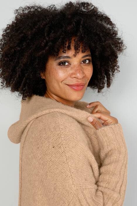 Long-Strickjacke, oversized, Kapuze, offene Form, Rücken-Schriftzug