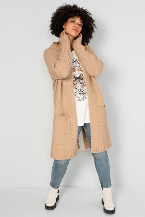 Long-Strickjacke, oversized, Kapuze, offene Form, Rücken-Schriftzug