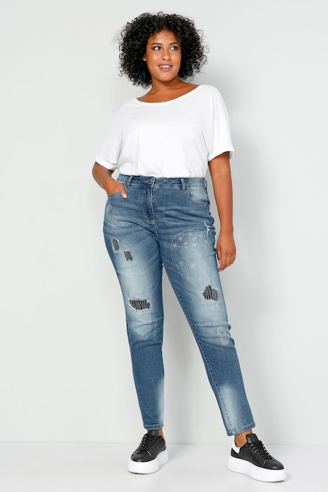 Boyfriend-Jeans, Glitzer Totenköpfe, Destroy-Effekte, 5-Pocket