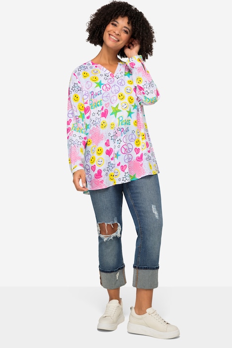 Long-Sleeve Shirt Collar Blouse with All-Over Print