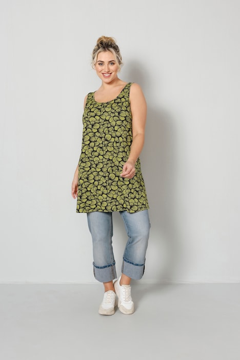 Longtop, A-Line, floraler Print, Rundhals, ärmellos