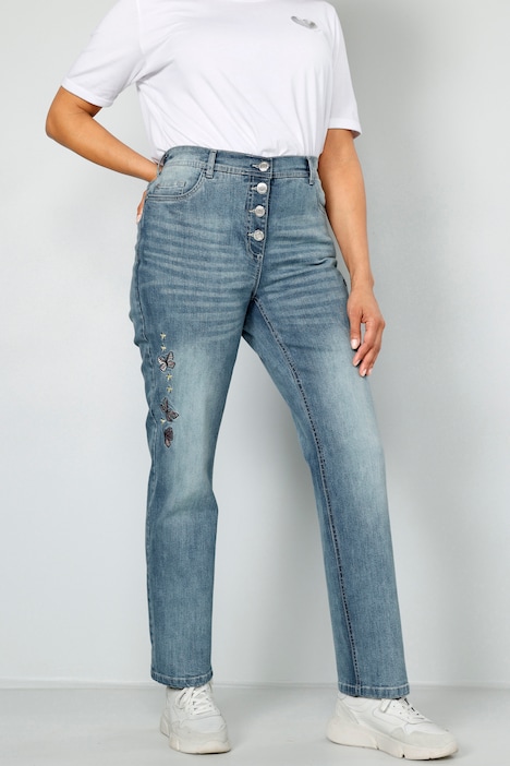 Jeans, Straight Fit, Stickerei, sichtbare Knöpfe