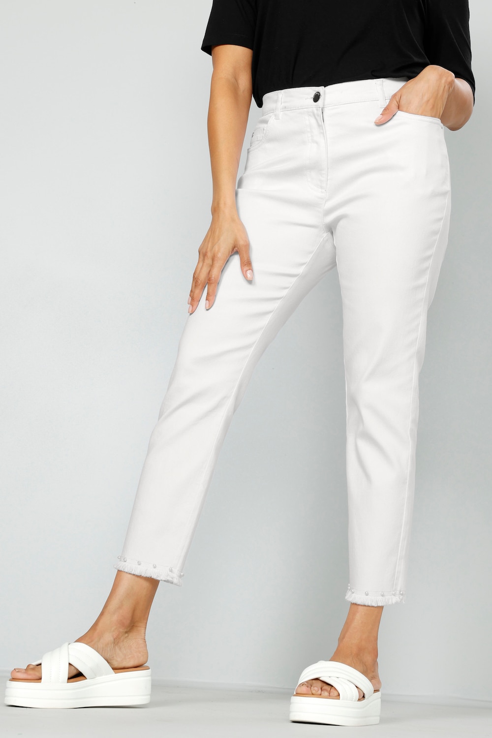 7/8-Jeans, Slim Fit, Zierperlen am Fransensaum, 5-Pocket