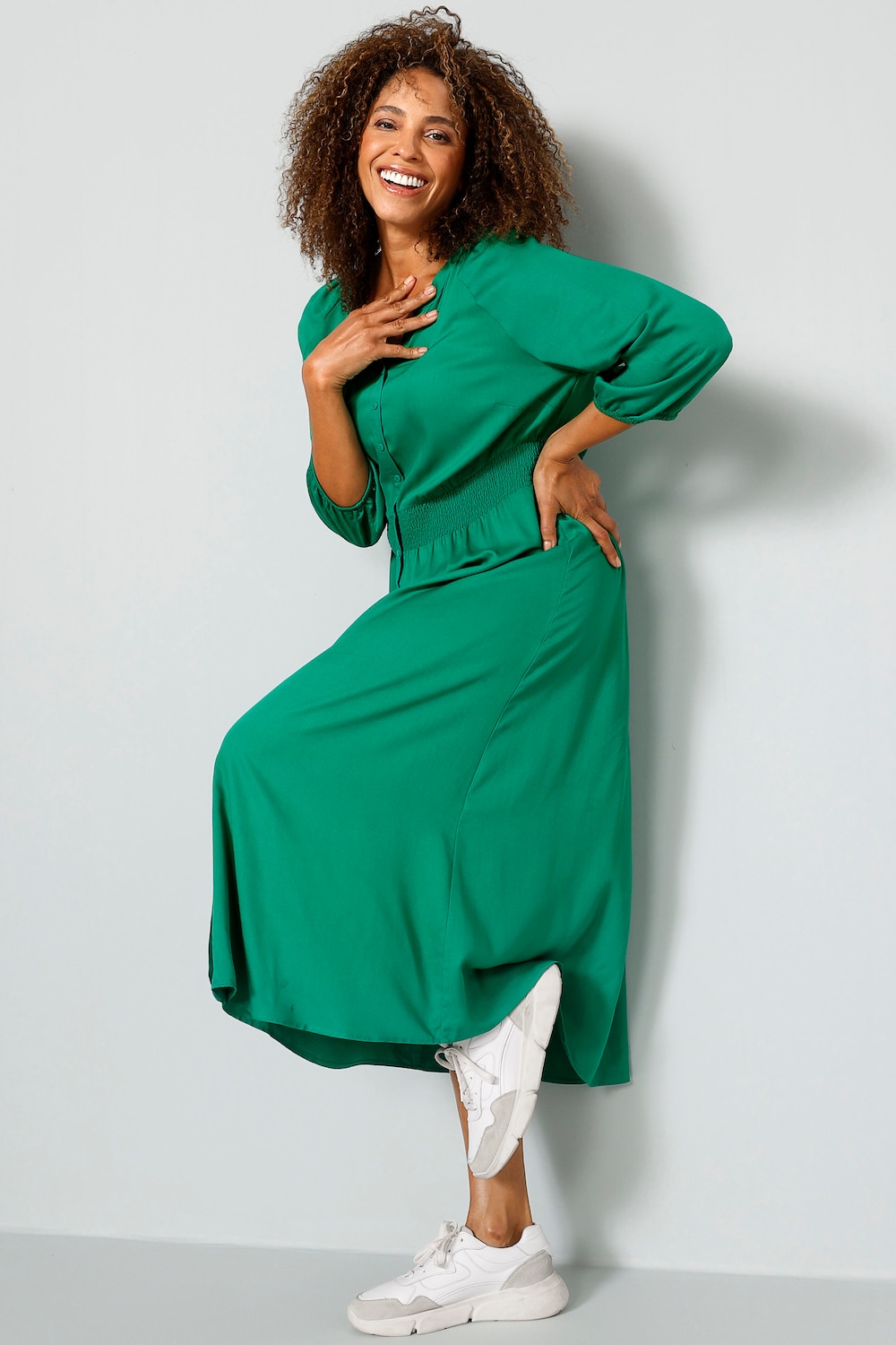 Kleid, Knopfleiste, elastische Taille, 3/4-Raglanärmel