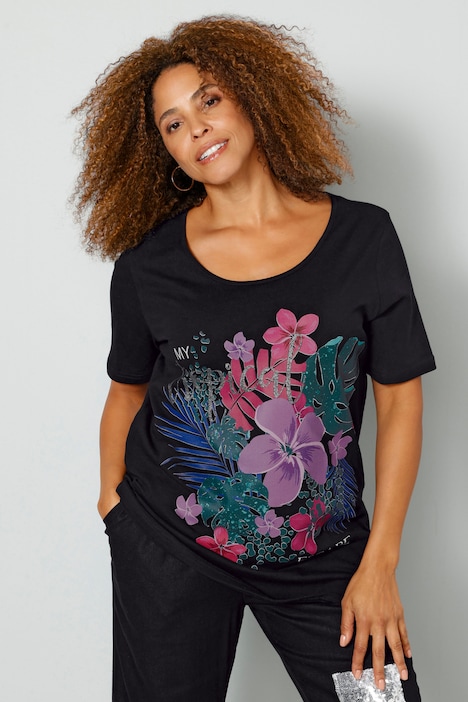 T-Shirt, großer Blumen Druck, Halbarm