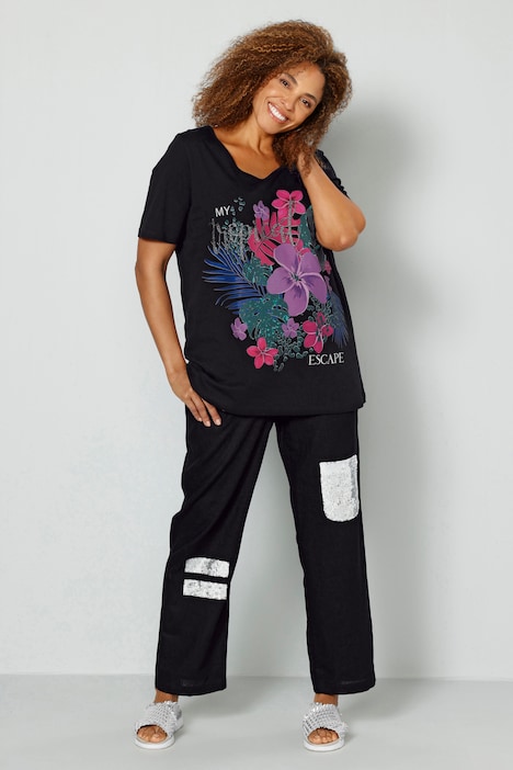 T-Shirt, großer Blumen Druck, Halbarm