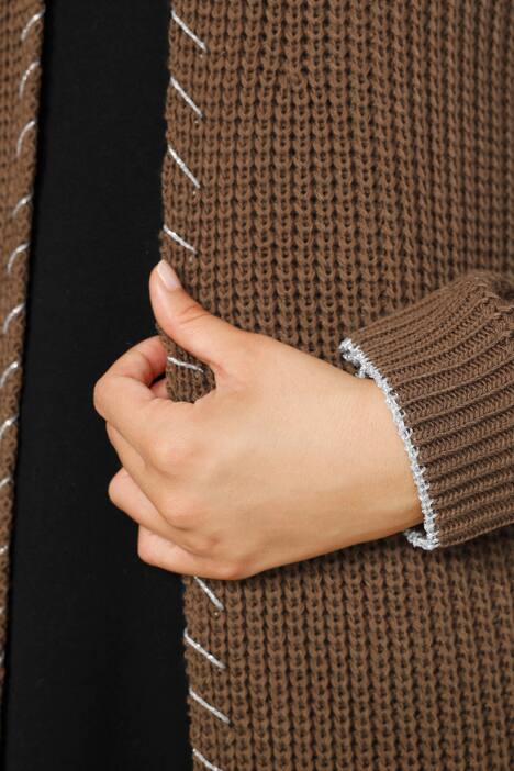 Long-Strickjacke, offene Form, Zierkante