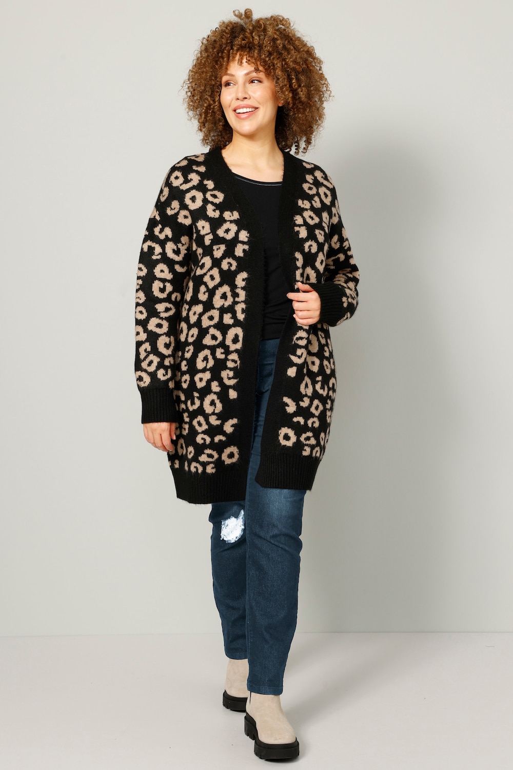 Strickjacke, Leomuster, offene Form, Langarm
