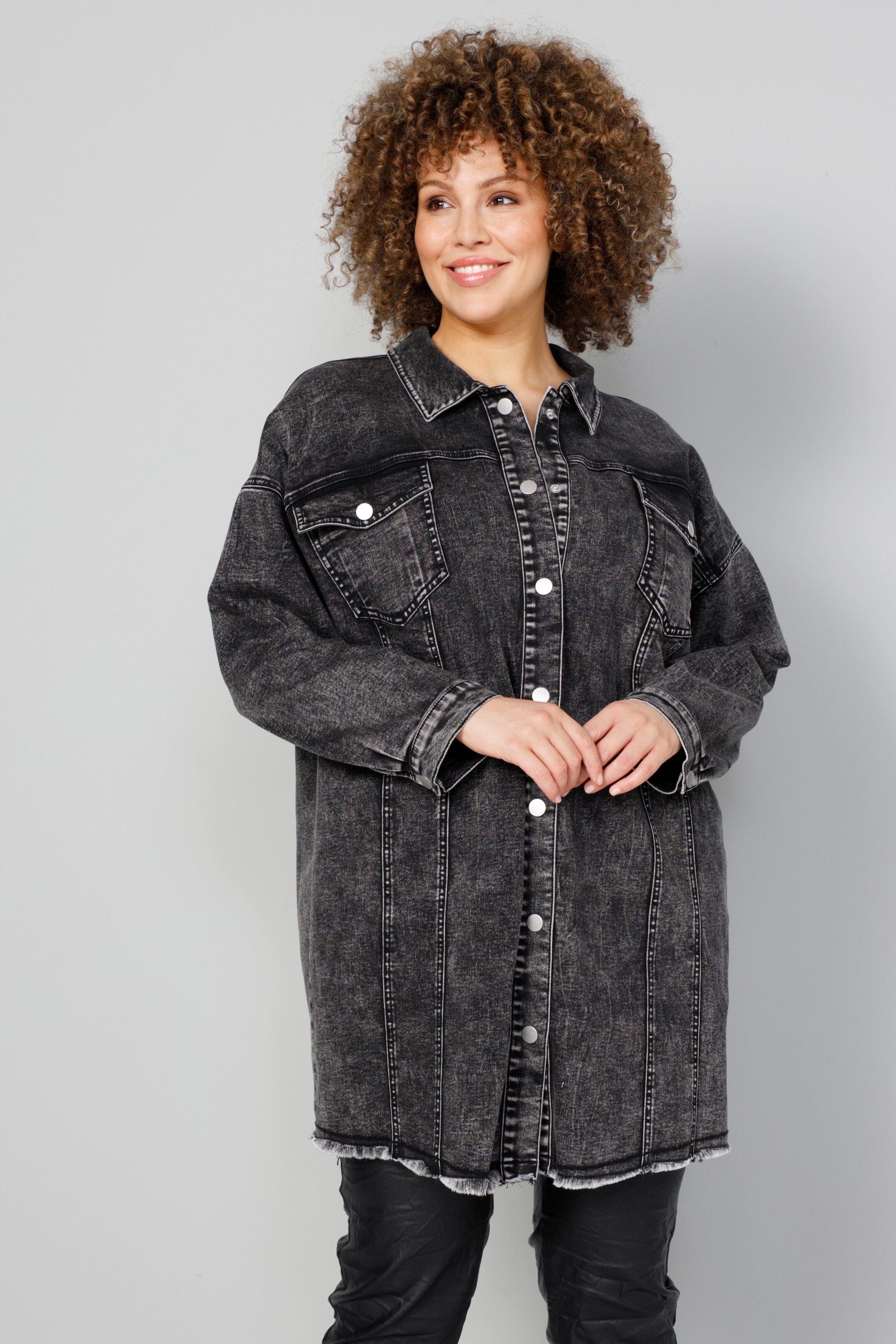 MIAMODA Damen große Größen Long Jeansjacke Rücken Schriftzug Vintage Look 202582