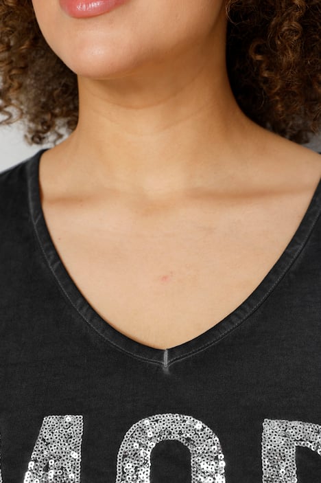 T-Shirt, AMORE Pailletten, V-Ausschnitt, 3/4-Ärmel