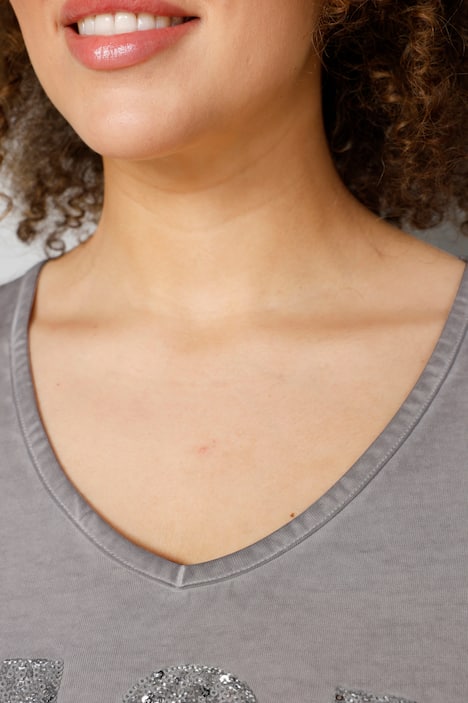 T-Shirt, AMORE Pailletten, V-Ausschnitt, 3/4-Ärmel