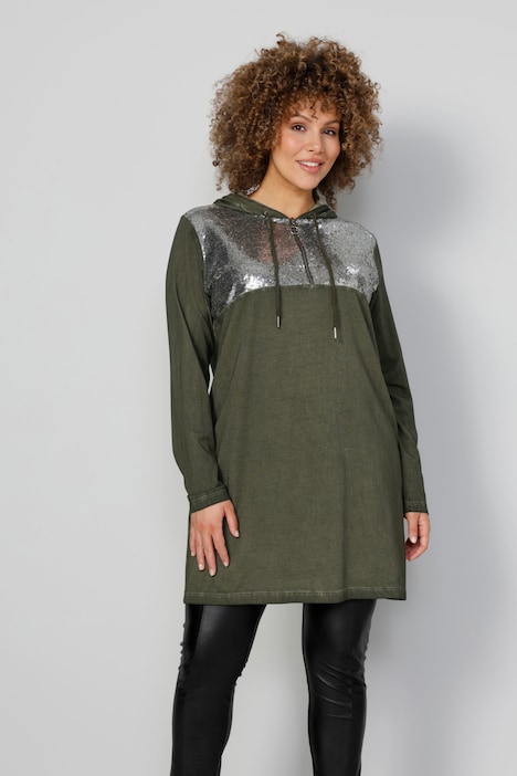 Longshirt, Pailletten, Kapuze mit Zipper, Langarm