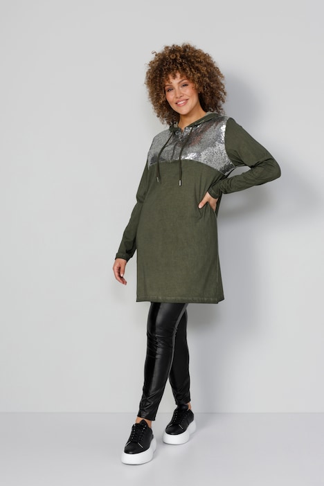 Longshirt, Pailletten, Kapuze mit Zipper, Langarm