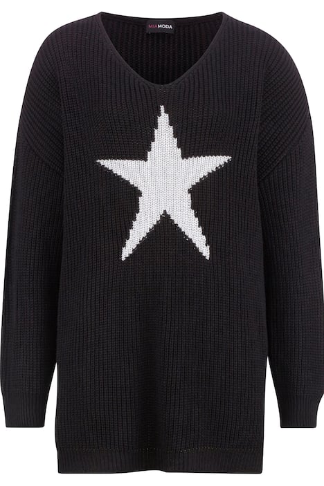 Long-Pullover, großer Stern, V-Ausschnitt, Langarm