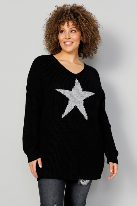 Long-Pullover, großer Stern, V-Ausschnitt, Langarm