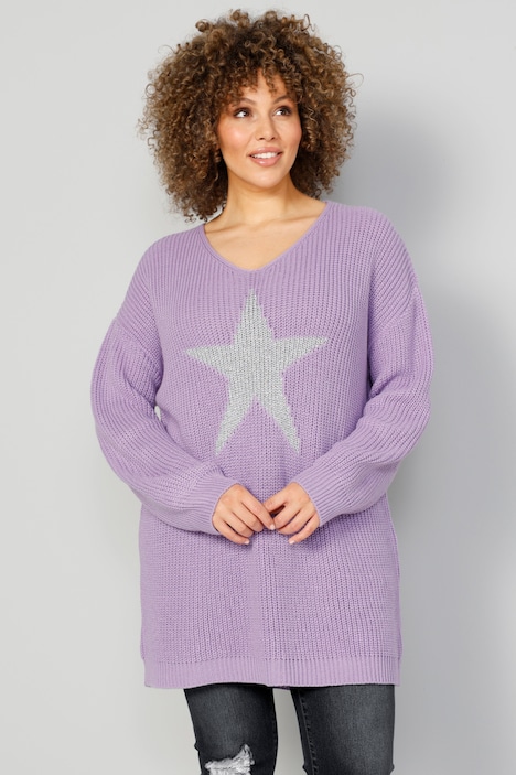 Long-Pullover, großer Stern, V-Ausschnitt, Langarm