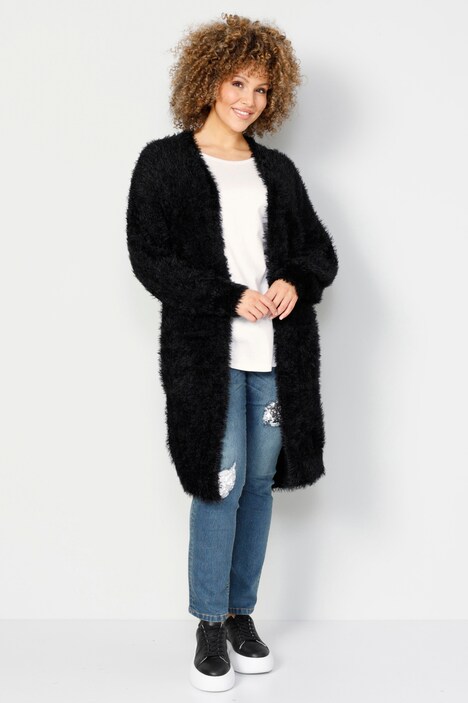 Long-Strickjacke, Flausch-Strick, offene Form, Langarm