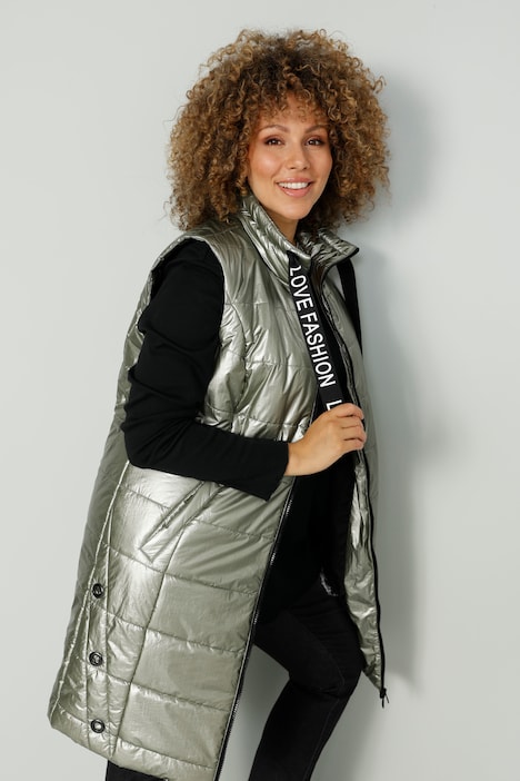 Long-Steppweste, Metallic-Look, Zierband, Zipper