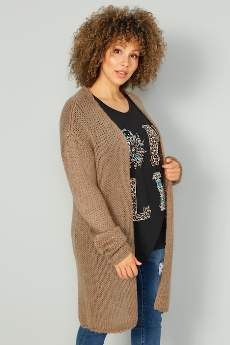 Long-Strickjacke, offene Form, Langarm