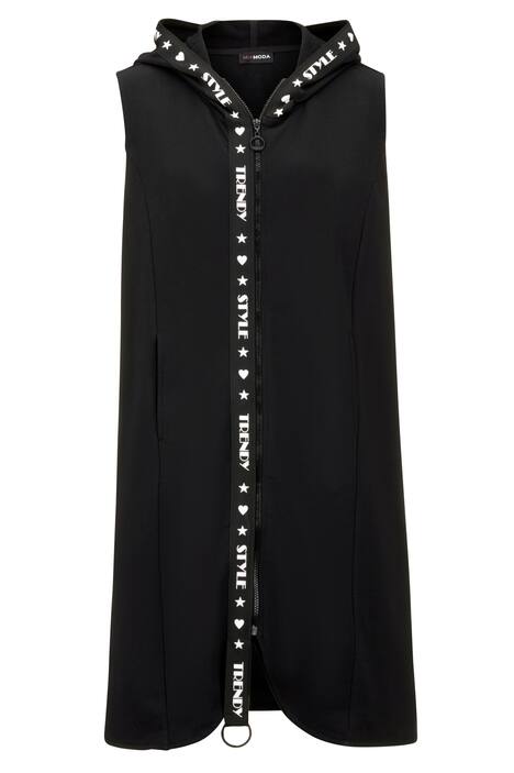 Long gilet en molleton à capuche, zip et bande fantaisie